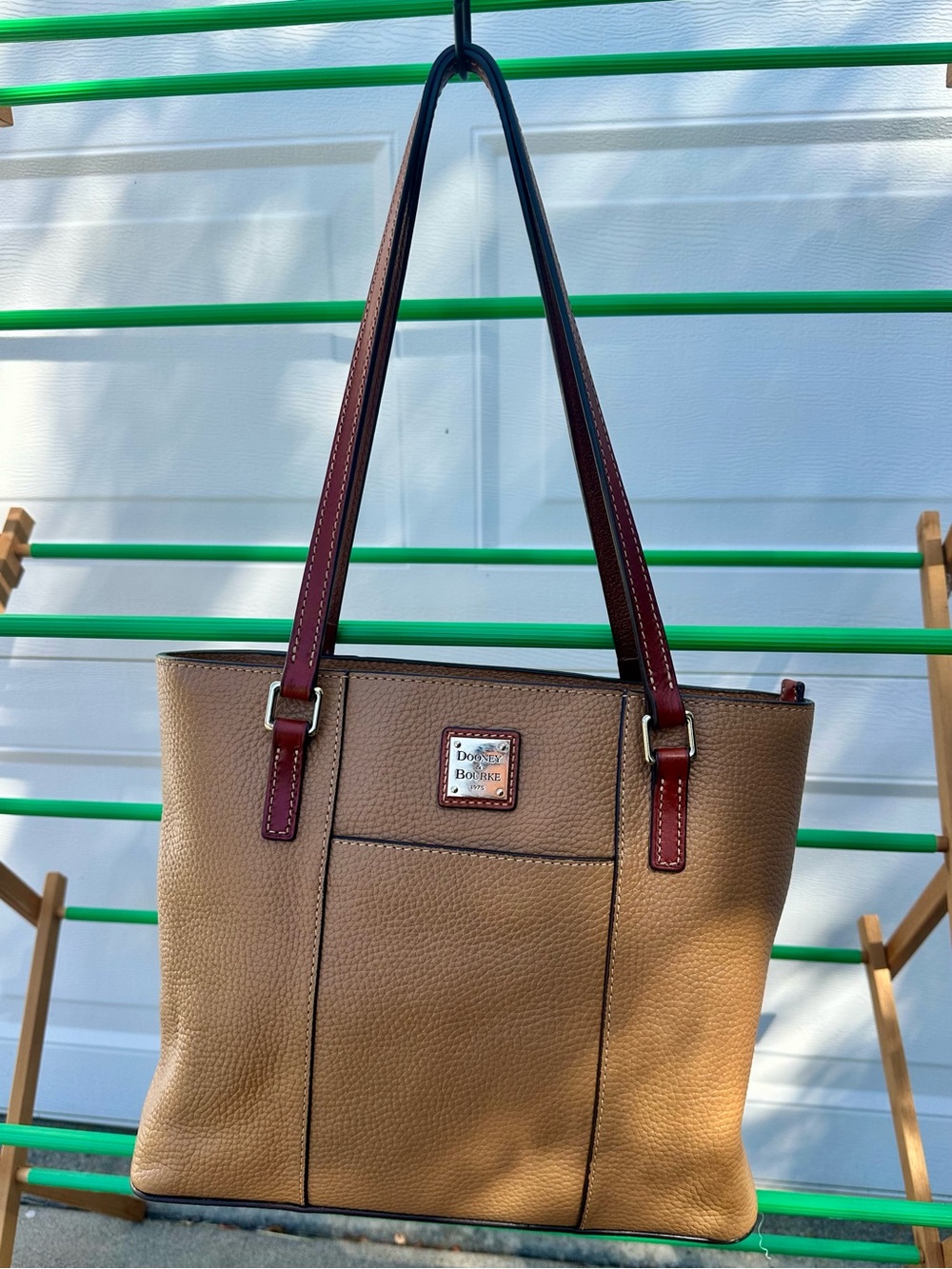 Dooney & Bourke Tan Leather Tote with Burgundy Straps